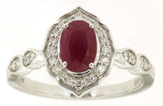 1.11CT DIAMOND & AAA RUBY 14KT WHITE GOLD OVAL & ROUND FILIGREE FLOWER LEAF RING