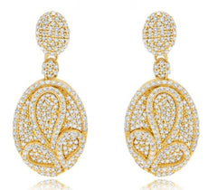 1.25CT DIAMOND 14KT YELLOW GOLD 3D ROUND MULTI LEAF DOUBLE OVAL HANGING EARRINGS