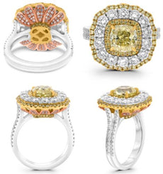 4.40CT WHITE PINK & FANCY YELLOW DIAMOND 18K TRI COLOR GOLD CUSHION & ROUND RING