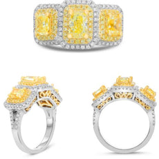 2.5CT WHITE & FANCY YELLOW DIAMOND 18KT 2 TONE GOLD CUSHION & ROUND 3 STONE RING