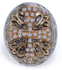 LARGE .70CT DIAMOND 18KT YELLOW GOLD & 925 SILVER 3D HANDCRAFTED CROSS OVAL RING