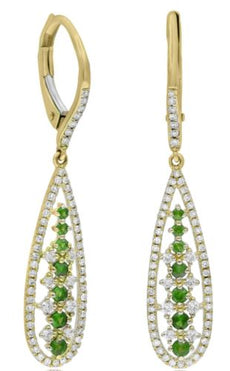 .66CT DIAMOND & AAA EMERALD 14KT YELLOW GOLD ELONGATED FLORAL LEVERBACK EARRINGS
