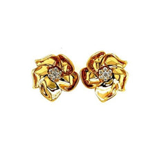 ESTATE LARGE .23CT DIAMOND 18KT YELLOW GOLD 3D CLASSIC FLOWER STUD EARRINGS