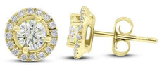 ESTATE 1.02CT DIAMOND 14K YELLOW GOLD 3D ROUND CLASSIC HALO FLOWER STUD EARRINGS