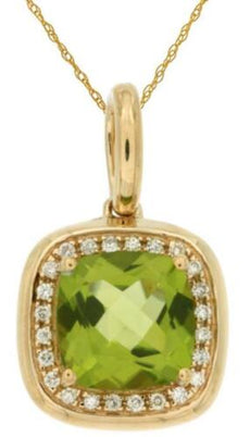 1.53CT DIAMOND & AAA PERIDOT 14K YELLOW GOLD 3D CUSHION & ROUND FLOATING PENDANT