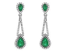 2.46CT DIAMOND & AAA EMERALD 14KT WHITE GOLD PEAR SHAPE & ROUND HANGING EARRINGS