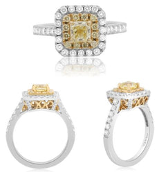 1.47CT WHITE & FANCY YELLOW DIAMOND 18KT TWO TONE GOLD ROUND & PRINCESS CUT RING