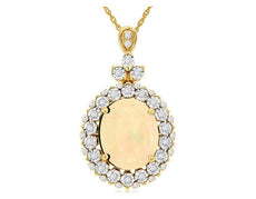 3.25CT DIAMOND & AAA OPAL 14KT YELLOW GOLD 3D OVAL & ROUND HALO FLOWER PENDANT