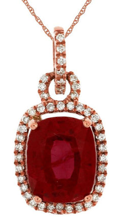 5.50CT DIAMOND & AAA RUBY 14KT ROSE GOLD HALO LOVE KNOT SQUARE FLOATING PENDANT