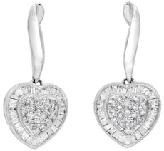1.15CT DIAMOND 14KT WHITE GOLD ROUND & BAGUETTE HEART SHAPE FUN HANGING EARRINGS