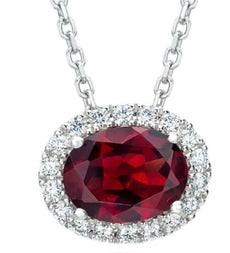 2.34CT DIAMOND & AAA GARNET 14KT WHITE GOLD 3D OVAL & ROUND CLASSIC HALO PENDANT