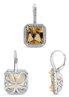 .77CT DIAMOND 18K TWO TONE GOLD & PLATINUM SQUARE HALO 4 PRONG HANGING EARRINGS