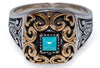 ESTATE AAA TURQUOISE 18KT YELLOW GOLD & 925 SILVER 3D SQUARE FILIGREE FUN RING