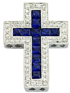 1.51CT DIAMOND & AAA SAPPHIRE 14KT WHITE GOLD 3D PRINCESS & ROUND CROSS PENDANT