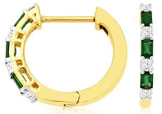 .48CT DIAMOND & AAA EMERALD 14KT YELLOW GOLD 3D BAGUETTE & ROUND HUGGIE EARRINGS