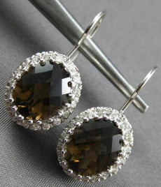 LARGE 4.60CT DIAMOND & AAA SMOKY TOPAZ 14K WHITE GOLD LEVERBACK HANGING EARRINGS