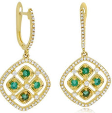 .79CT DIAMOND & AAA EMERALD 14KT YELLOW GOLD 3D FILIGREE FLORAL SQUARE EARRINGS