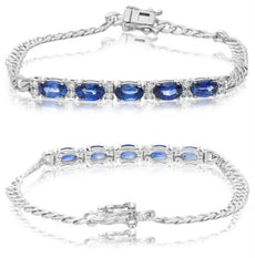 2.14CT DIAMOND & AAA SAPPHIRE 14K WHITE GOLD OVAL & ROUND 5 STONE CUBAN BRACELET