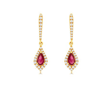 .66CT DIAMOND & AAA RUBY 14KT YELLOW GOLD 3D PEAR SHAPE & ROUND HANGING EARRINGS