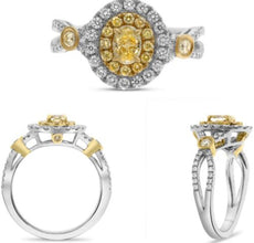 1.36CT WHITE & FANCY YELLOW DIAMOND 18K 2 TONE GOLD OVAL & ROUND 3D DOUBLE RING