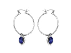 1.13CT DIAMOND & AAA TANZANITE 14K WHITE GOLD 3D OVAL HALO HOOP HANGING EARRINGS