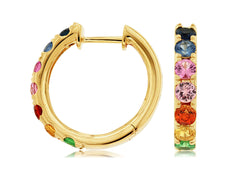 1.80CT AAA MULTI COLOR SAPPHIRE 14KT YELLOW GOLD 3D HUGGIE HOOP HANGING EARRINGS
