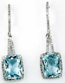 8.50CT DIAMOND & AAA BLUE TOPAZ 14KT WHITE GOLD CUSHION & ROUND HANGING EARRINGS