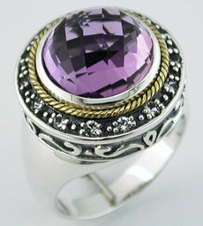6.95CT AAA AMETHYST 925 SILVER & 14K YELLOW GOLD 3D CLASSIC ROUND FILIGREE RING