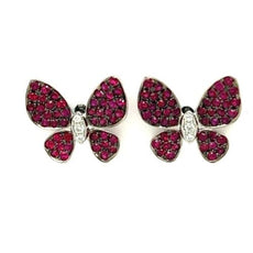 ESTATE 1.46CT DIAMOND & AAA RUBY 18KT WHITE GOLD 3D BUTTERFLY STUD EARRINGS