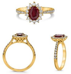 1.12CT DIAMOND & AAA RUBY 18K YELLOW GOLD OVAL & ROUND FLOWER SEMI ETERNITY RING