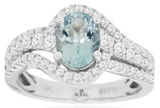 1.75CT DIAMOND & AAA AQUAMARINE 14KT WHITE GOLD OVAL & ROUND HALO SWIRL FUN RING
