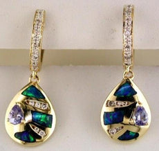 .54CT DIAMOND & AAA TANZANITE & OPAL 14KT WHITE GOLD TEAR DROP HANGING EARRINGS
