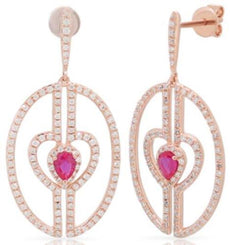 1.11CT DIAMOND & AAA RUBY 14KT ROSE GOLD DOUBLE HEART OVAL LOVE HANGING EARRINGS