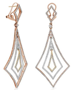 1.93CT DIAMOND 14KT TRI COLOR GOLD TRIPLE GEOMETRICAL TEAR DROP HANGING EARRINGS