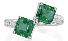 1.96CT DIAMOND & AAA EMERALD 18K WHITE GOLD SQUARE & ROUND CRISS CROSS LOVE RING