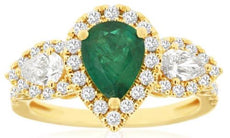 2.12CT DIAMOND & AAA EMERALD 14KT YELLOW GOLD 3D PEAR SHAPE & ROUND 3 STONE RING