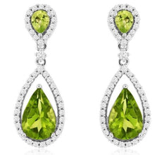 3.84CT DIAMOND & AAA PERIDOT 14KT WHITE GOLD 3D PEAR SHAPE HALO HANGING EARRINGS