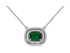 1.33CT DIAMOND & AAA EMERALD 14KT WHITE GOLD 3D EMERALD CUT DOUBLE HALO NECKLACE