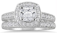 1.64CT DIAMOND 14K WHITE GOLD CUSHION & ROUND SQUARE ENGAGEMENT WEDDING RING SET