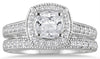 1.64CT DIAMOND 14K WHITE GOLD CUSHION & ROUND SQUARE ENGAGEMENT WEDDING RING SET