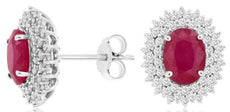 LARGE 2.30CT DIAMOND & AAA RUBY 14K WHITE GOLD OVAL & ROUND FLOWER STUD EARRINGS