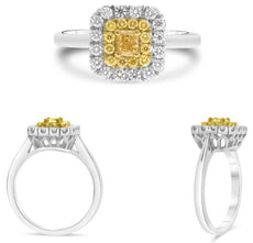 .71CT WHITE & FANCY YELLOW DIAMOND 18KT TWO TONE GOLD ROUND & CUSHION HALO RING