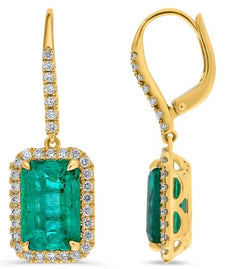 5.37CT DIAMOND & AAA EMERALD 18KT YELLOW GOLD RECTANGULAR HALO HANGING EARRINGS