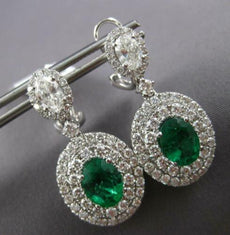 LARGE 5.18CT DIAMOND & AAA EMERALD 18KT WHITE GOLD OVAL & ROUND HANGING EARRINGS