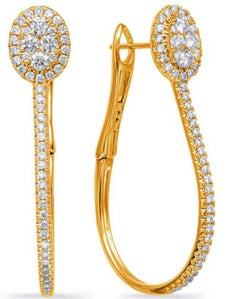 ESTATE 1.11CT DIAMOND 14K YELLOW GOLD CLUSTER OVAL HOOP CLIP ON HANGING EARRINGS