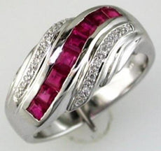 1.20CT DIAMOND & AAA RUBY 14KT WHITE GOLD 3D 3 ROW CRISS CROSS ANNIVERSARY RING