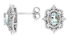 1.24CT DIAMOND & AAA AQUAMARINE 14KT WHITE GOLD OVAL & ROUND CROWN STUD EARRINGS