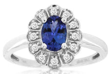 .99CT DIAMOND & AAA TANZANITE 14KT WHITE GOLD OVAL & ROUND FIIGREE FLOWER RING