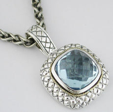 9.70CT AAA BLUE TOPAZ 14KT YELLOW GOLD & 925 SILVER 3D CUSHION FLOATING PENDANT