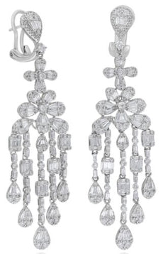 LARGE 5.05CT DIAMOND 18KT WHITE GOLD ROUND & BAGUETTE FLOWER CHANDELIER EARRINGS